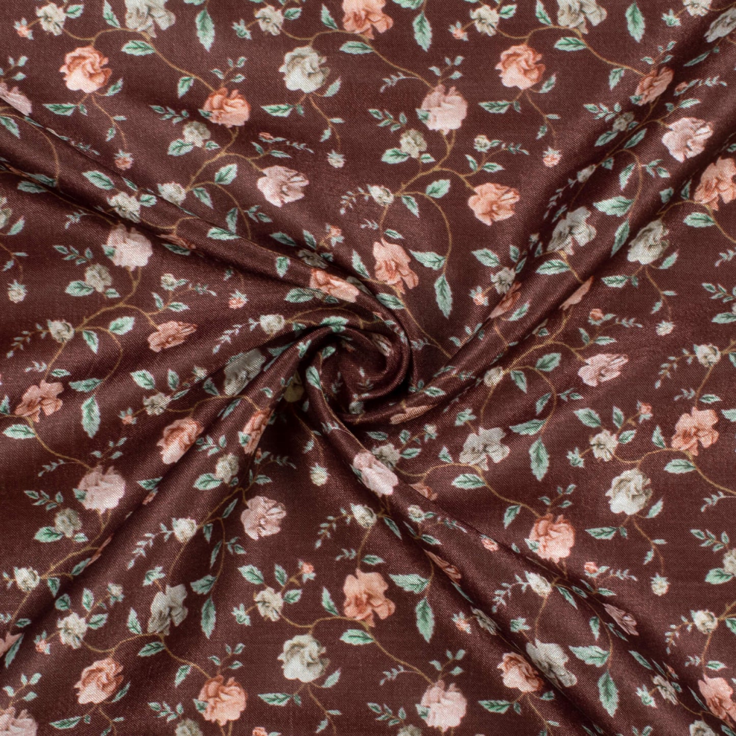 Seal Brown And Brick Pink Floral Pattern Digital Print Flat Silk Fabric