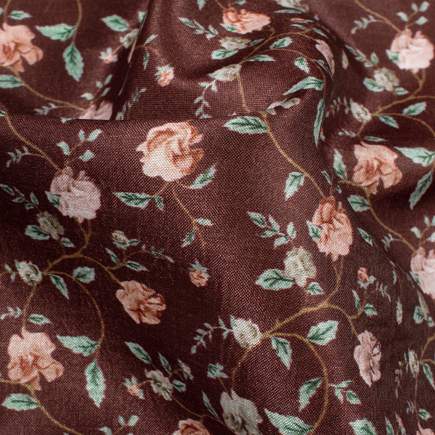 Seal Brown And Brick Pink Floral Pattern Digital Print Flat Silk Fabric