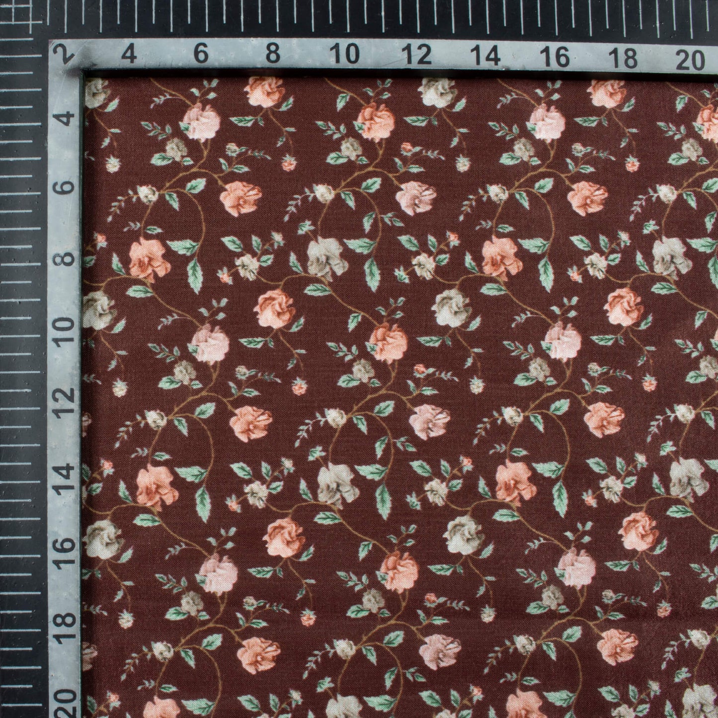 Seal Brown And Brick Pink Floral Pattern Digital Print Flat Silk Fabric