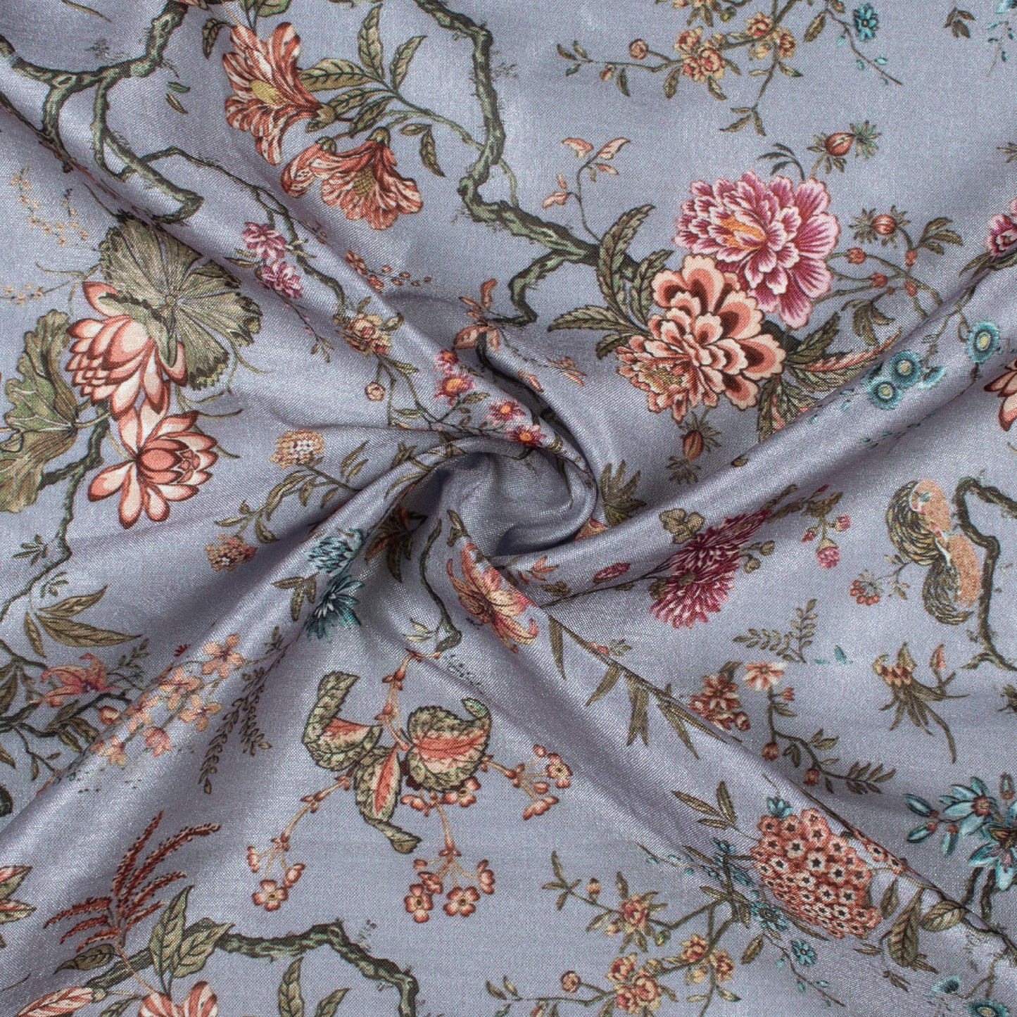 Shark Grey And Maroon Floral Pattern Digital Print Flat Silk Fabric