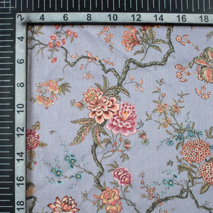Shark Grey And Maroon Floral Pattern Digital Print Flat Silk Fabric