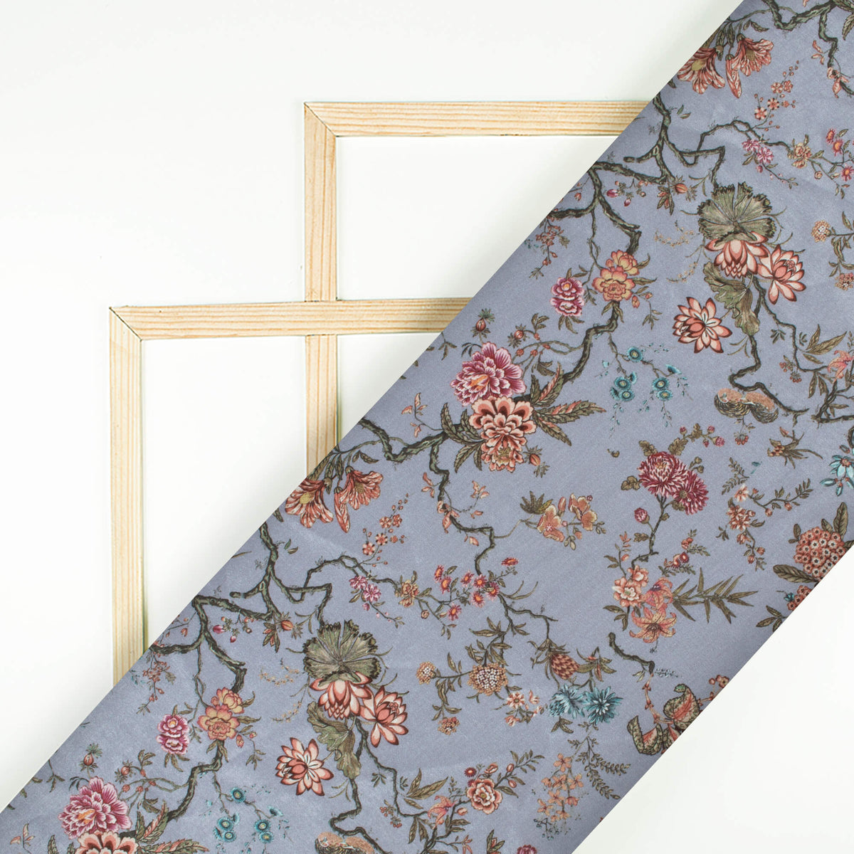 Shark Grey And Maroon Floral Pattern Digital Print Flat Silk Fabric