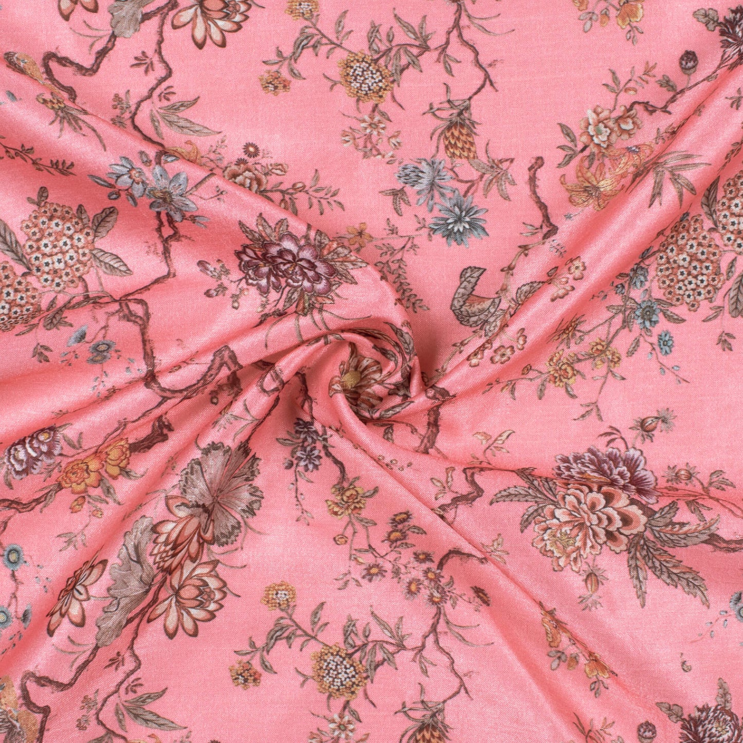 Creamy Pink And Maroon Floral Pattern Digital Print Flat Silk Fabric