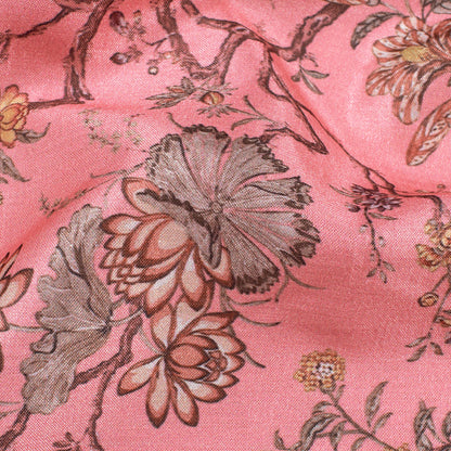 Creamy Pink And Maroon Floral Pattern Digital Print Flat Silk Fabric