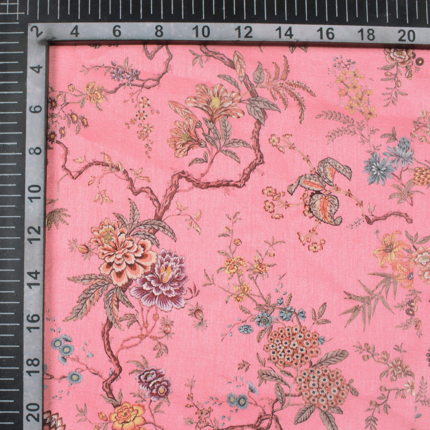 Creamy Pink And Maroon Floral Pattern Digital Print Flat Silk Fabric