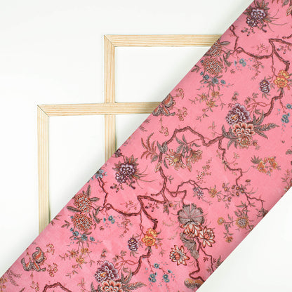 Creamy Pink And Maroon Floral Pattern Digital Print Flat Silk Fabric