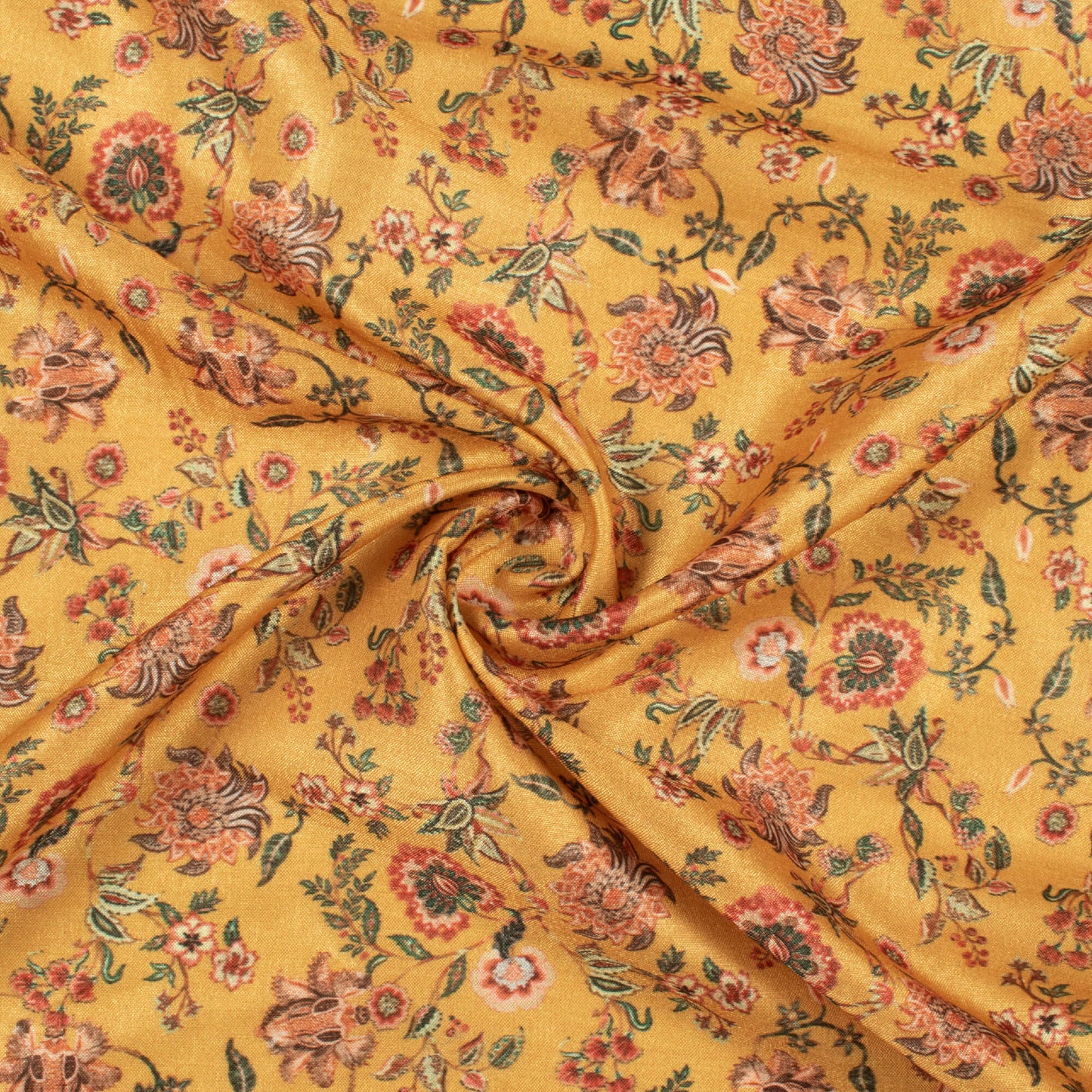 Dijon Yellow And Brick Pink Floral Pattern Digital Print Flat Silk Fabric