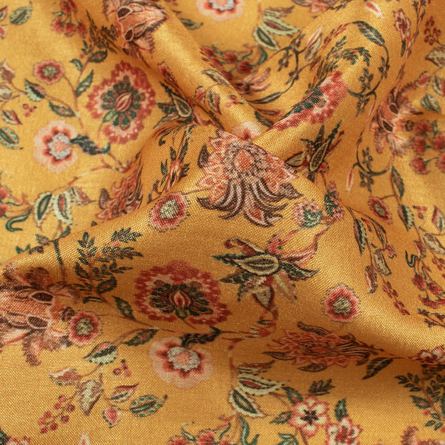 Dijon Yellow And Brick Pink Floral Pattern Digital Print Flat Silk Fabric