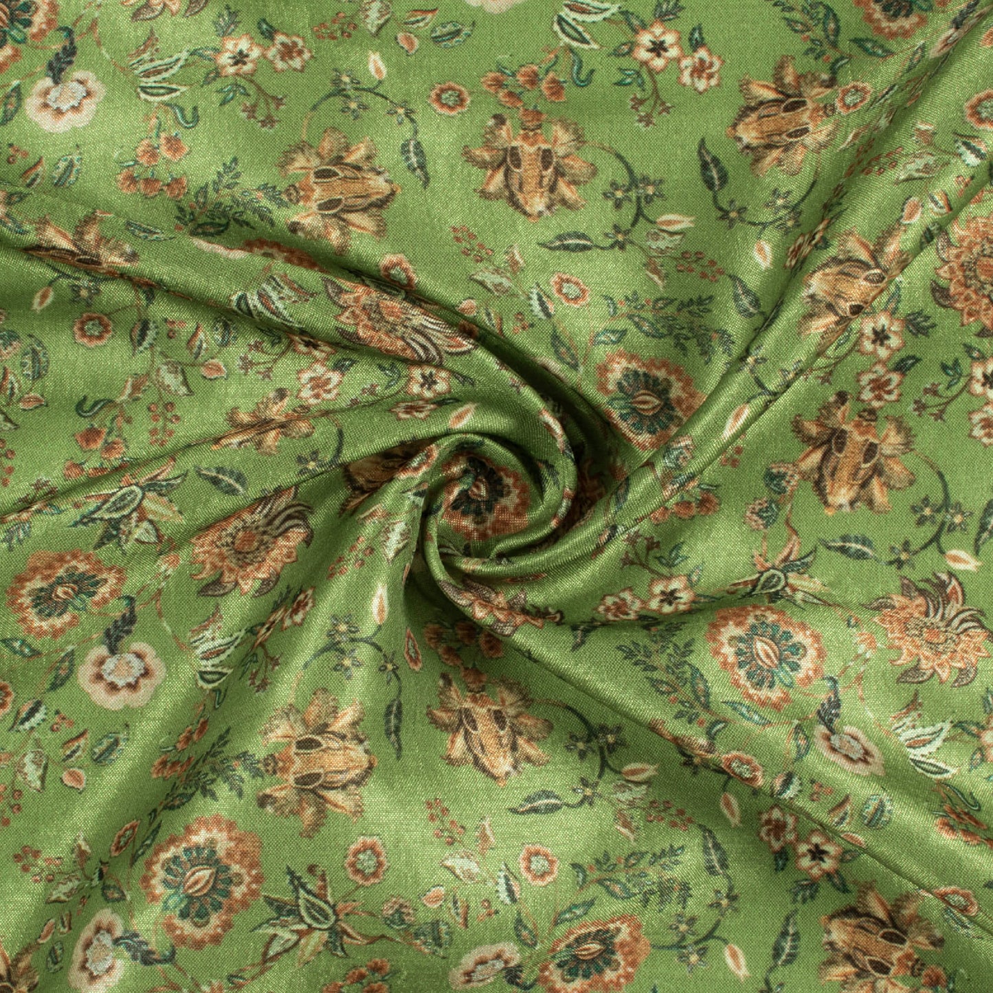 Fern Green And Pink Floral Pattern Digital Print Flat Silk Fabric
