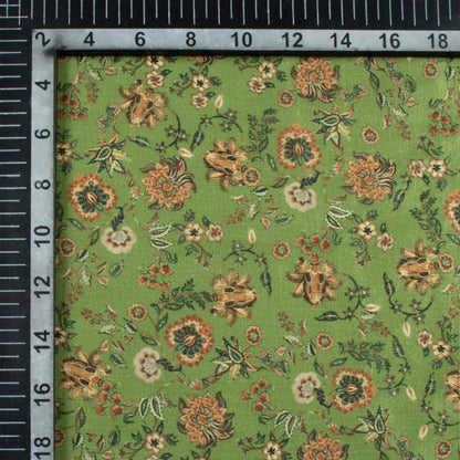 Fern Green And Pink Floral Pattern Digital Print Flat Silk Fabric