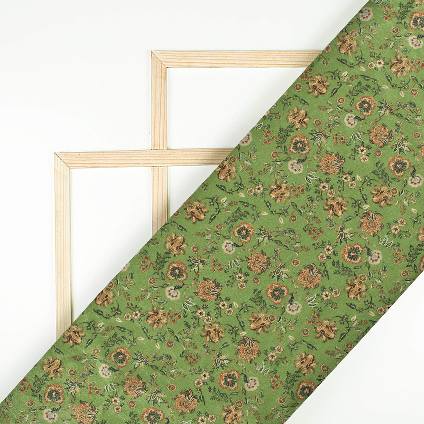 Fern Green And Pink Floral Pattern Digital Print Flat Silk Fabric