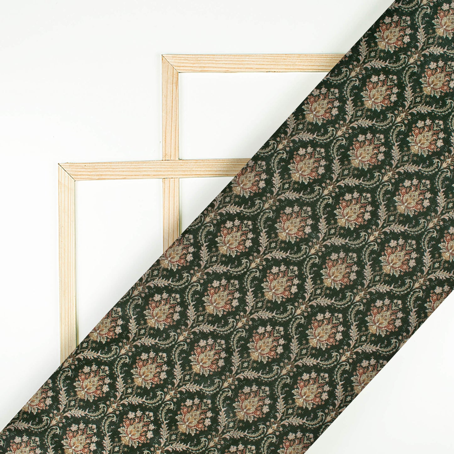 Deep Green And Beige Trellis Pattern Digital Print Flat Silk Fabric