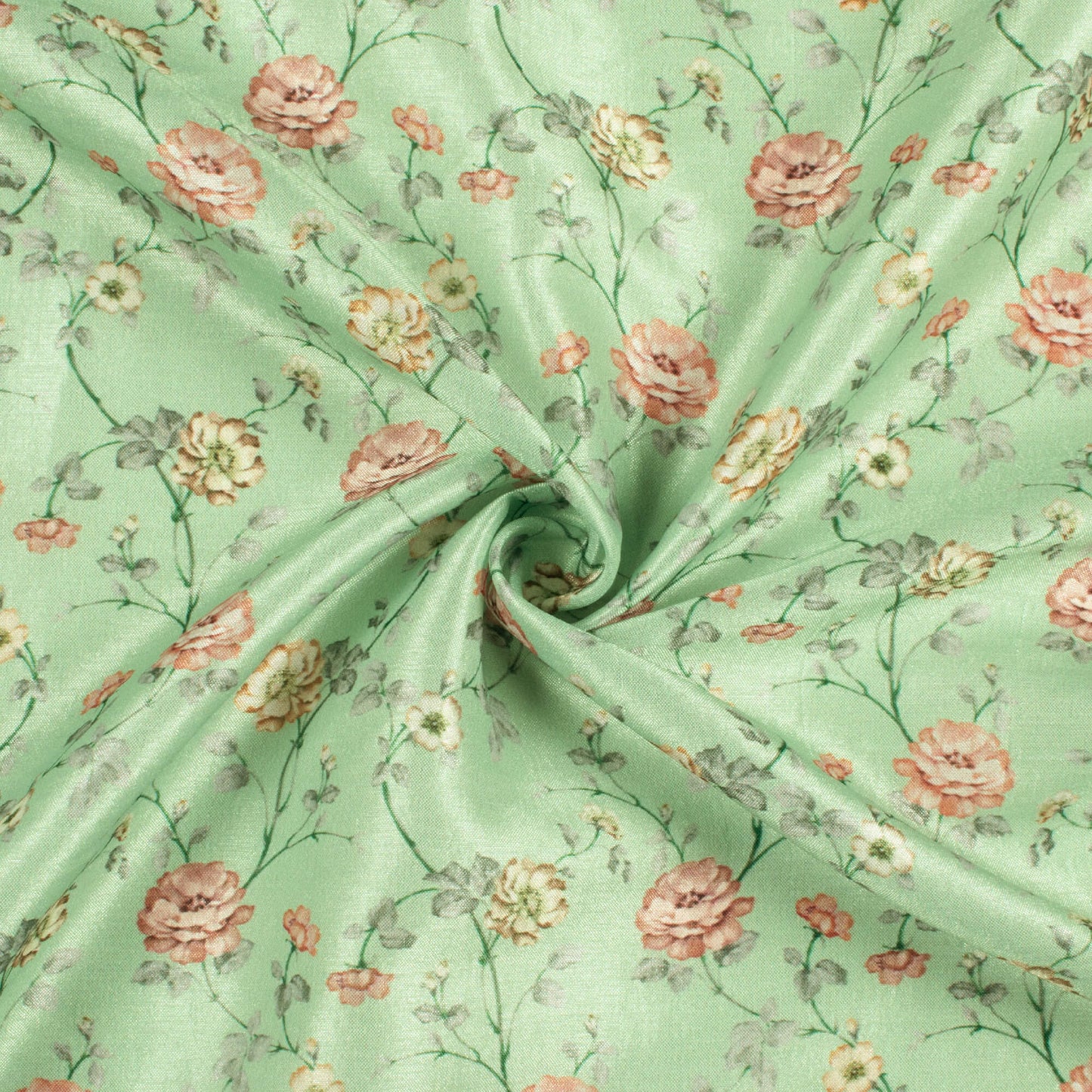 Mint Green And Rose Pink Floral Pattern Digital Print Flat Silk Fabric