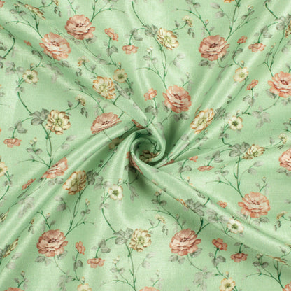 Mint Green And Rose Pink Floral Pattern Digital Print Flat Silk Fabric