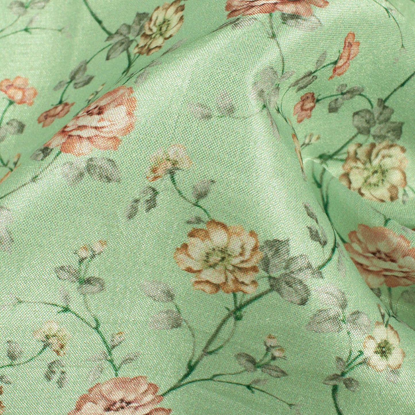 Mint Green And Rose Pink Floral Pattern Digital Print Flat Silk Fabric