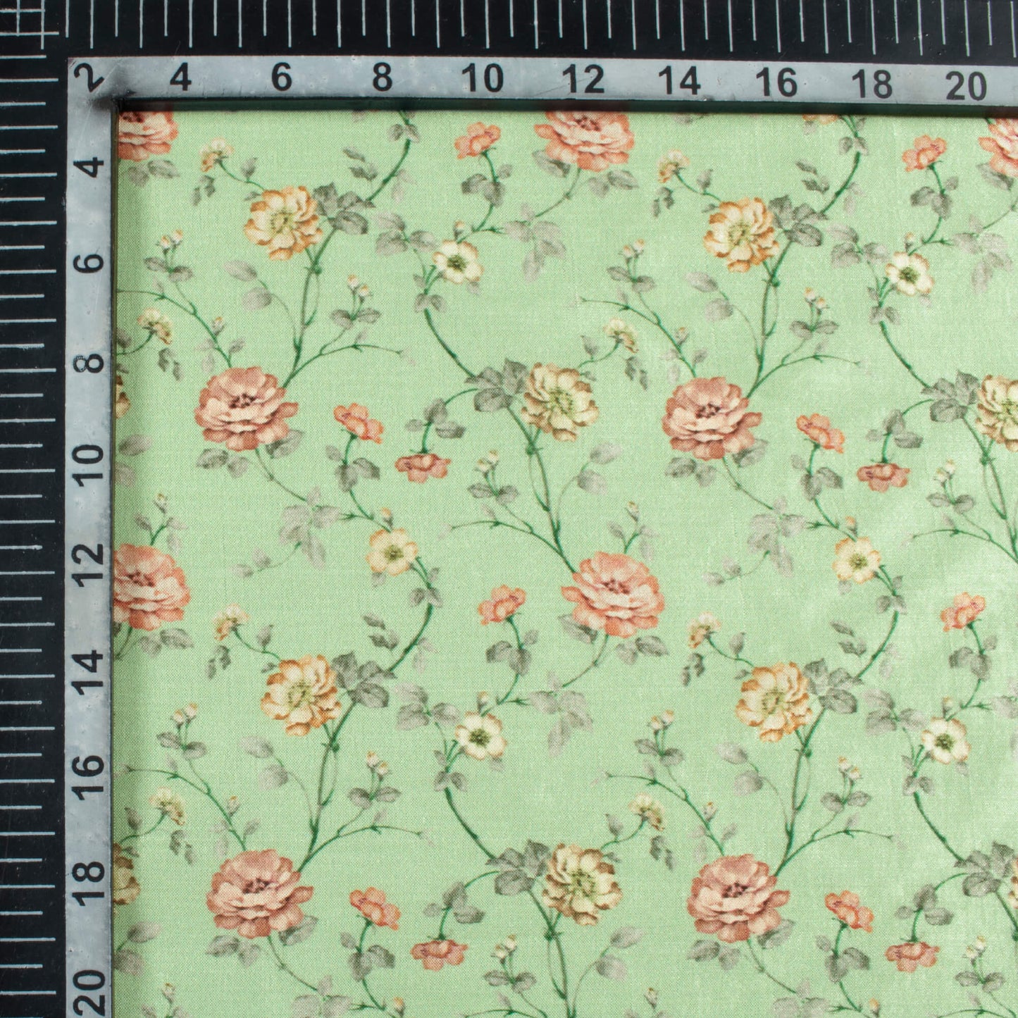 Mint Green And Rose Pink Floral Pattern Digital Print Flat Silk Fabric