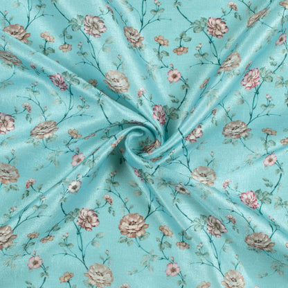 Maya Blue And Rose Pink Floral Pattern Digital Print Flat Silk Fabric
