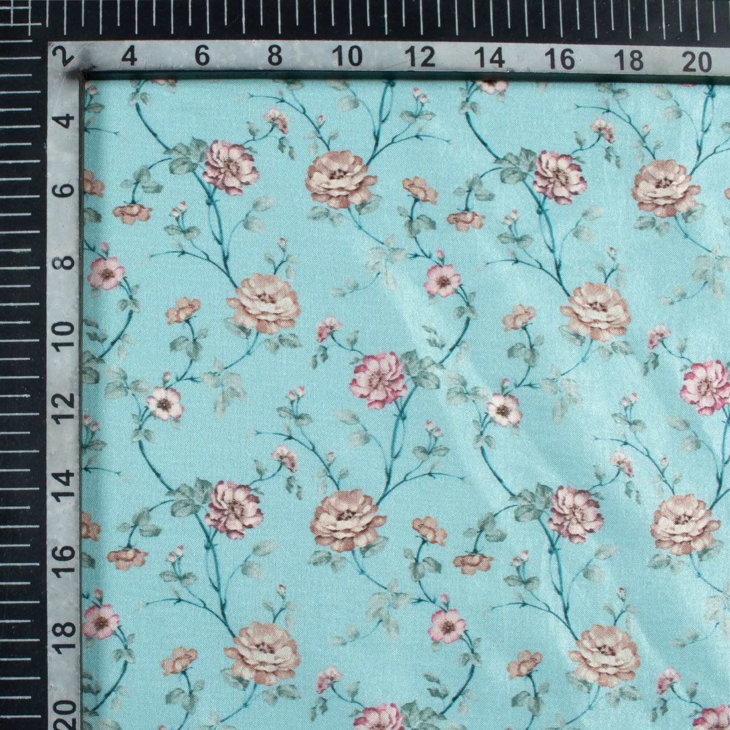 Maya Blue And Rose Pink Floral Pattern Digital Print Flat Silk Fabric