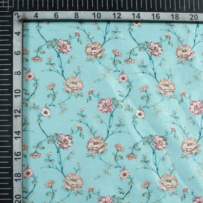 Maya Blue And Rose Pink Floral Pattern Digital Print Flat Silk Fabric