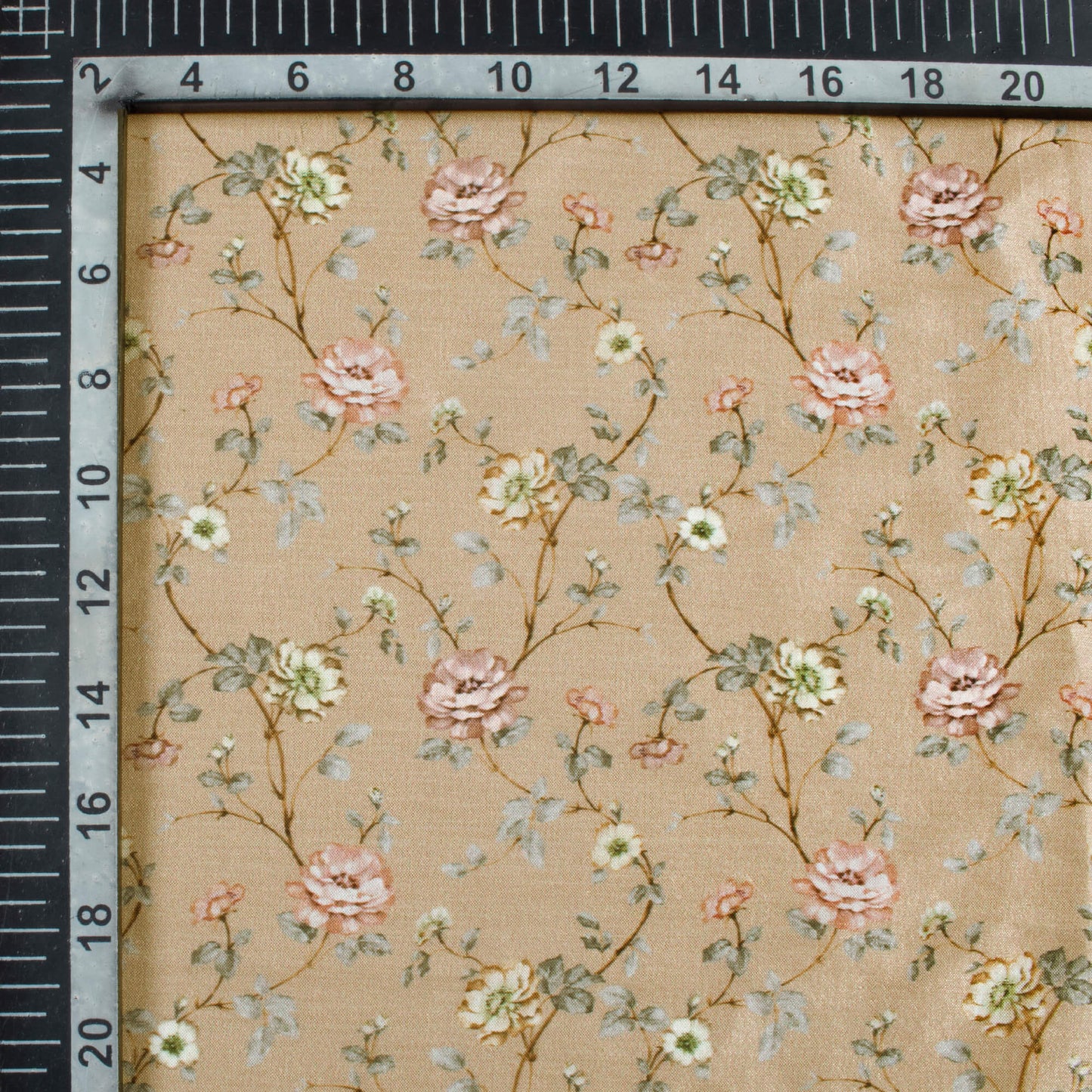 Light Brown And Rose Pink Floral Pattern Digital Print Flat Silk Fabric