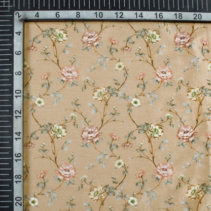 Light Brown And Rose Pink Floral Pattern Digital Print Flat Silk Fabric