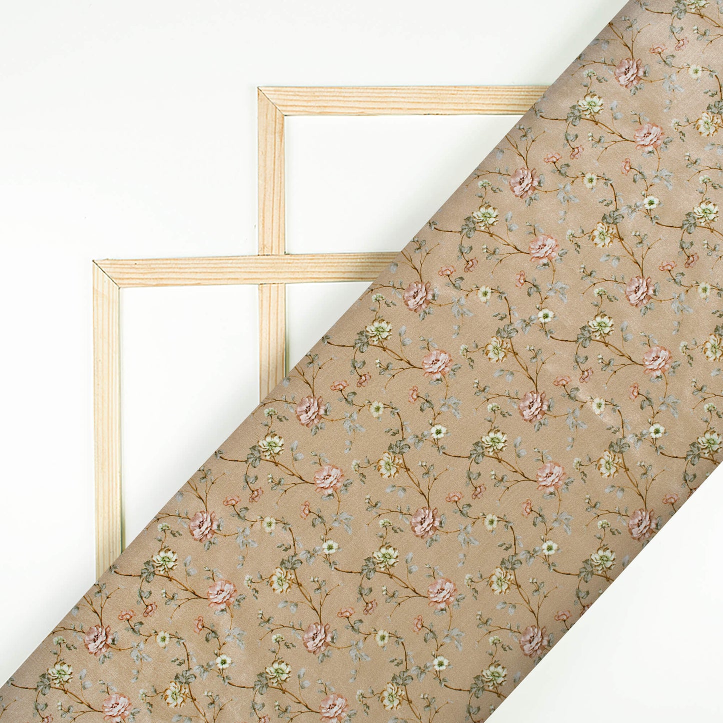 Light Brown And Rose Pink Floral Pattern Digital Print Flat Silk Fabric