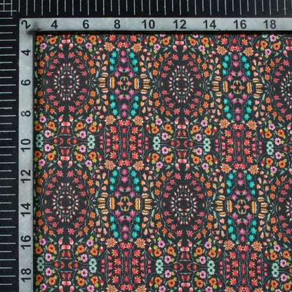 Black And Pink Floral Pattern Digital Print Cotton Cambric Fabric
