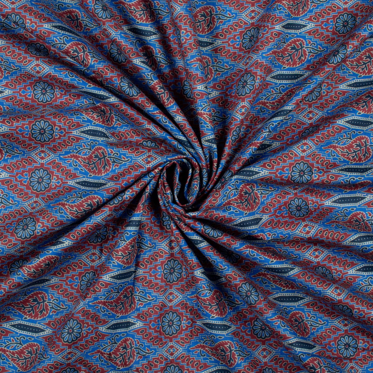 Aegean Blue And Maroon Traditional Pattern Digital Print Cotton Cambric Fabric