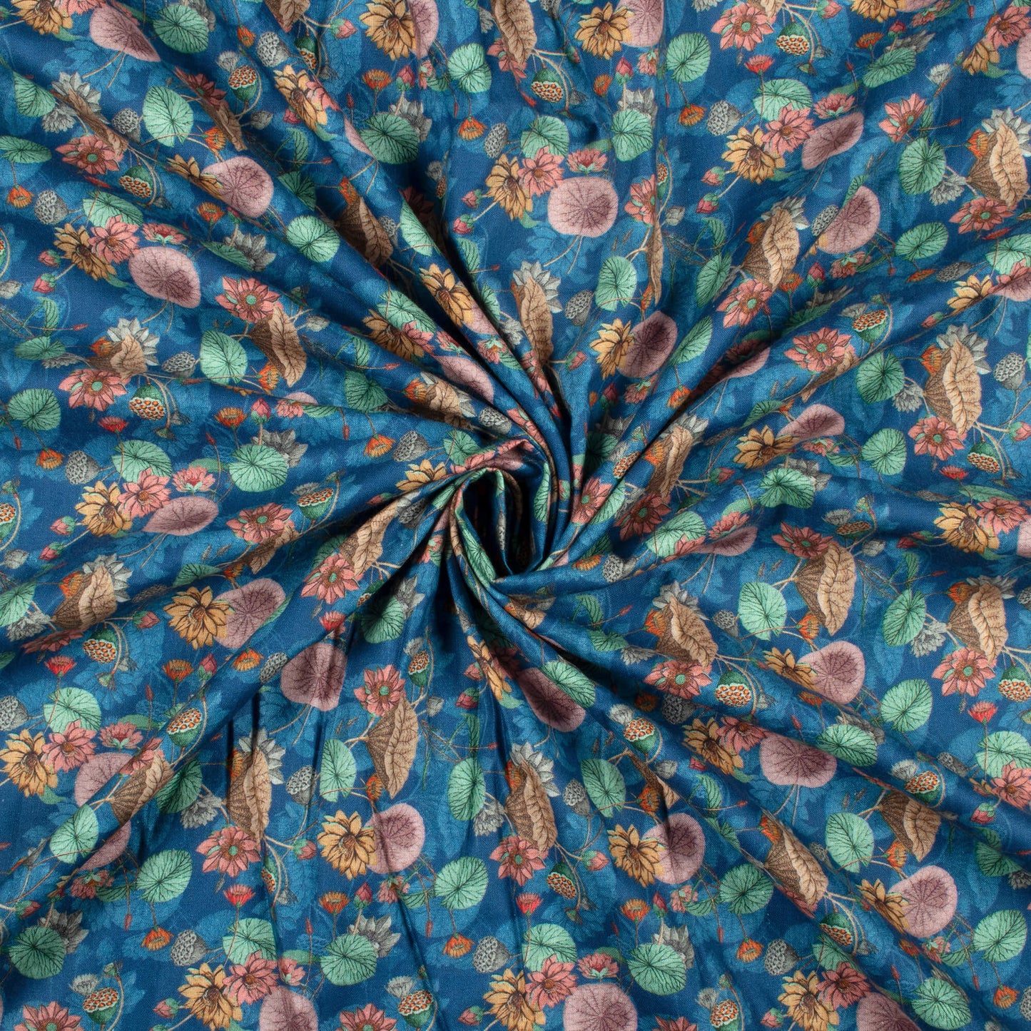 Yale Blue And Mint Green Floral Pattern Digital Print Cotton Cambric Fabric