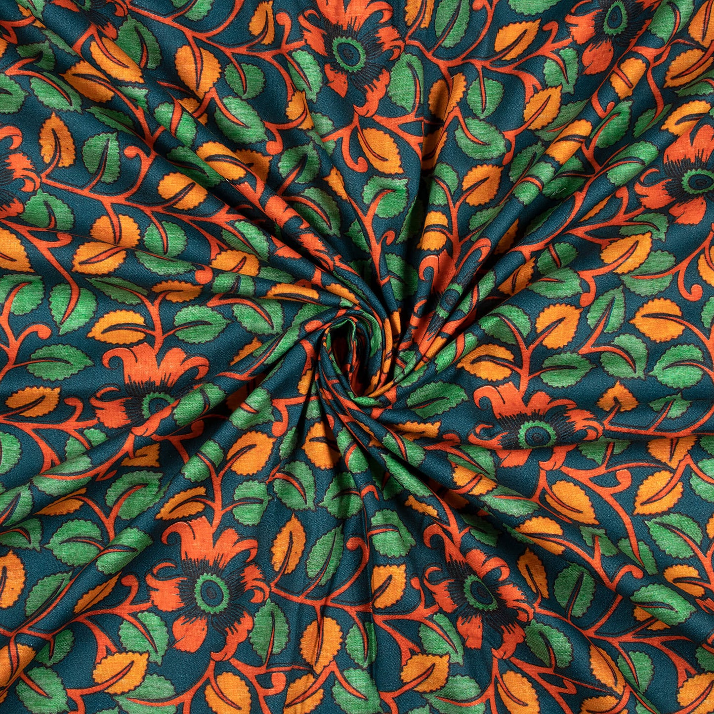 Teal Green And Carrot Orange Kalamkari Pattern Digital Print Cotton Cambric Fabric