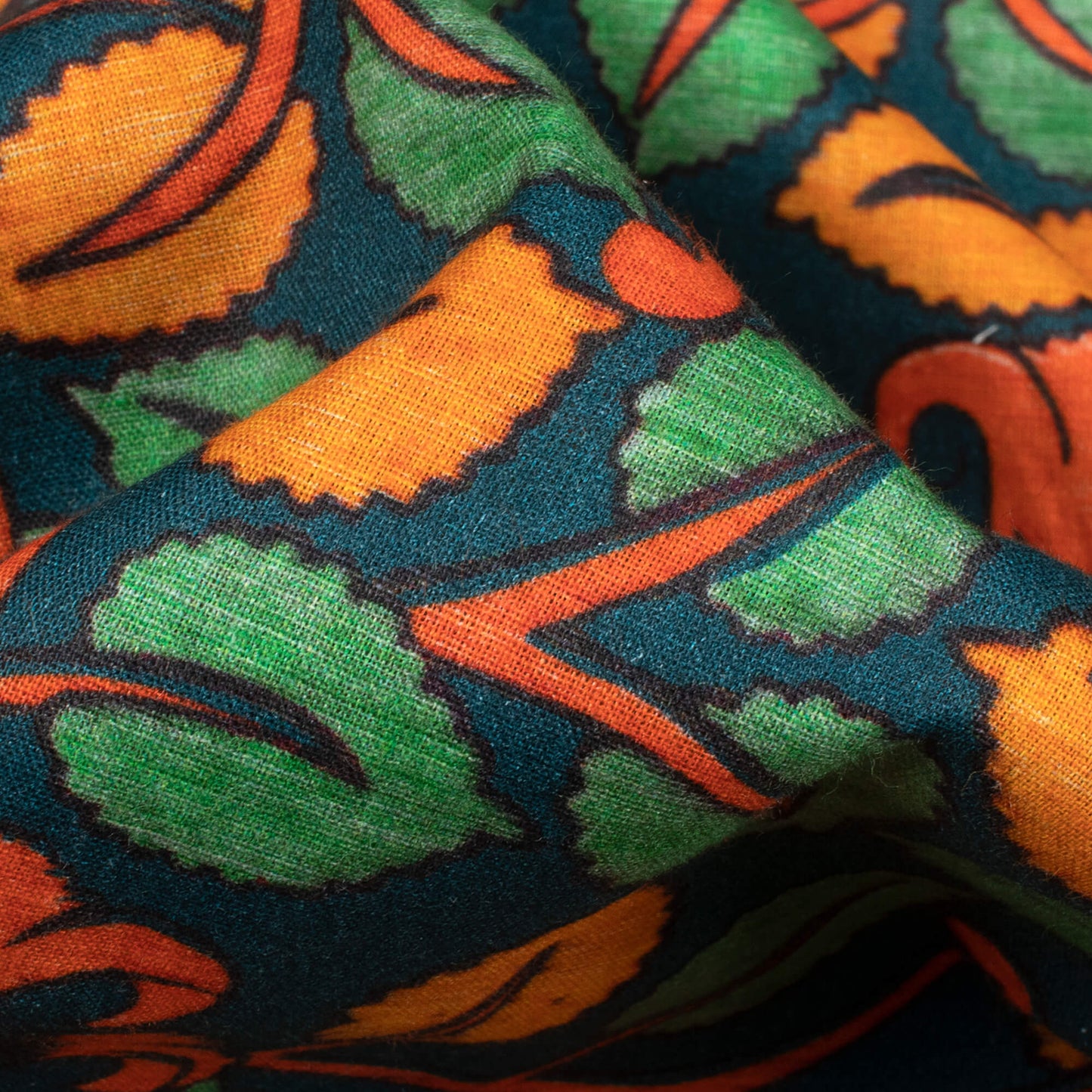 Teal Green And Carrot Orange Kalamkari Pattern Digital Print Cotton Cambric Fabric