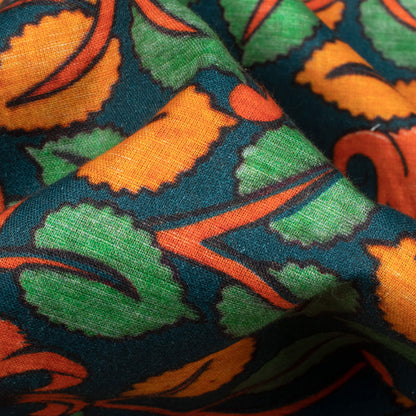 Teal Green And Carrot Orange Kalamkrii Pattern Digital Print Cotton Cambric Fabric