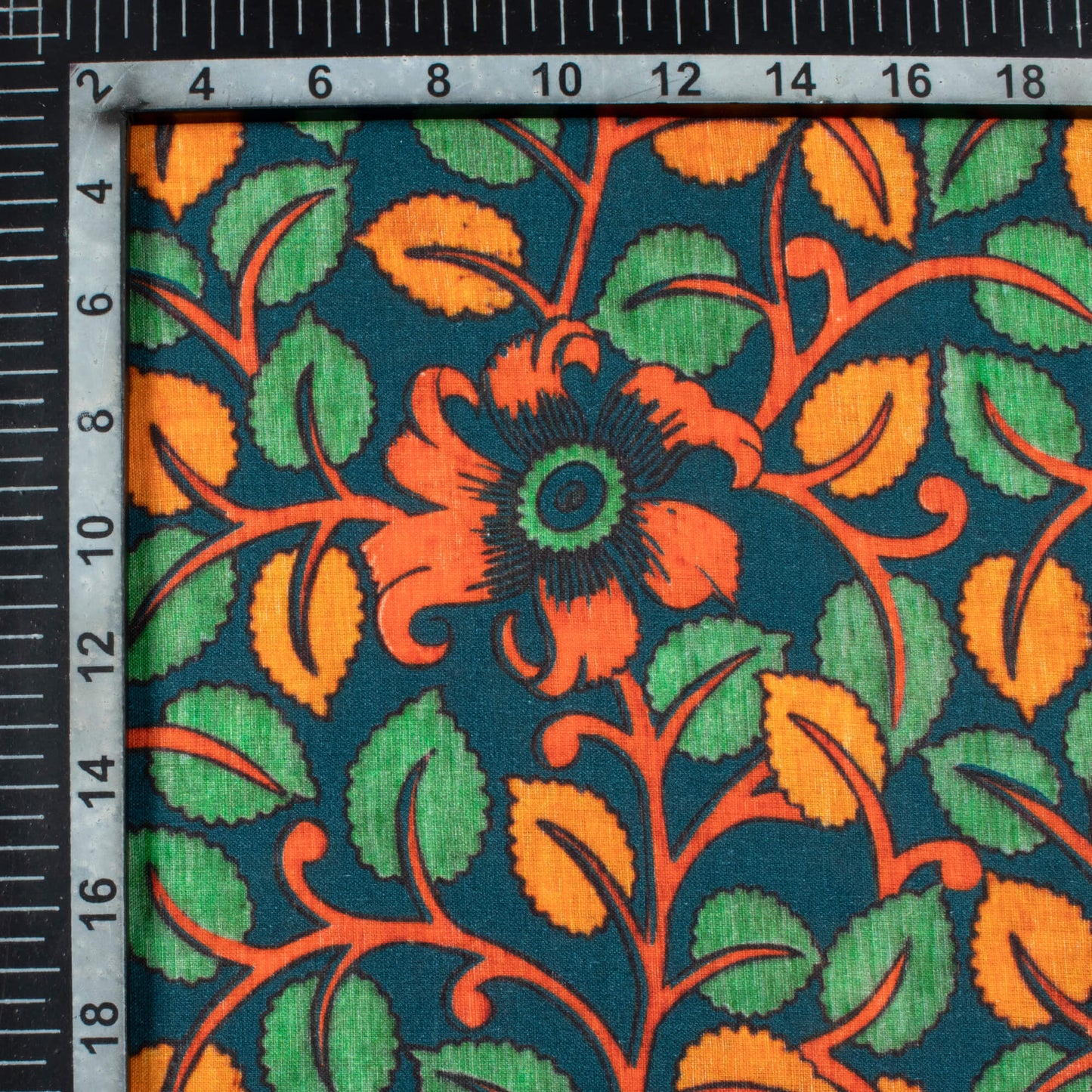 Teal Green And Carrot Orange Kalamkari Pattern Digital Print Cotton Cambric Fabric