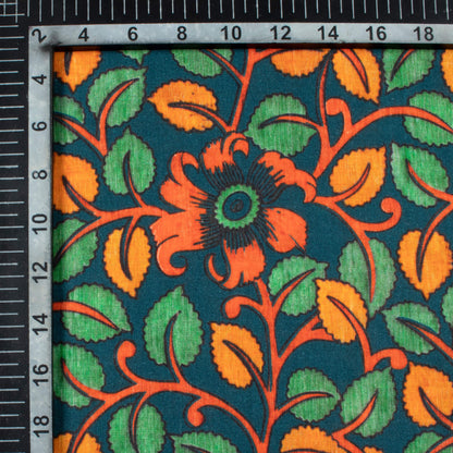 Teal Green And Carrot Orange Kalamkrii Pattern Digital Print Cotton Cambric Fabric