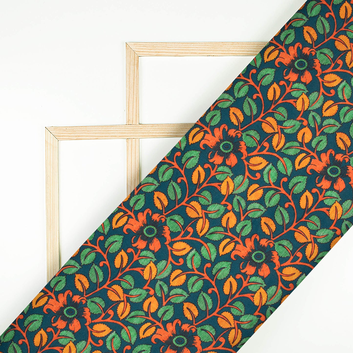 Teal Green And Carrot Orange Kalamkari Pattern Digital Print Cotton Cambric Fabric