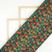 Teal Green And Carrot Orange Kalamkrii Pattern Digital Print Cotton Cambric Fabric