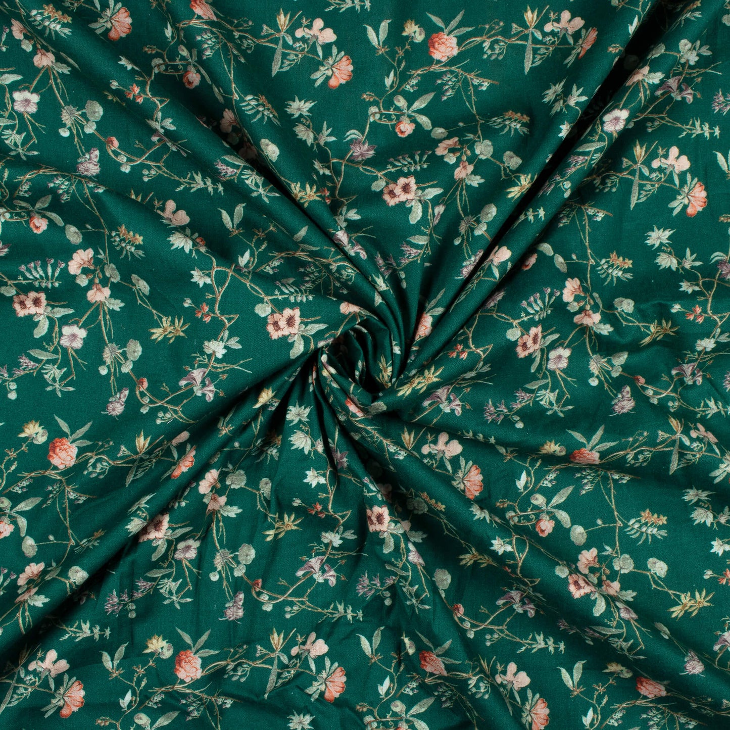 Deep Sea Green And Pink Floral Pattern Digital Print Cotton Cambric Fabric