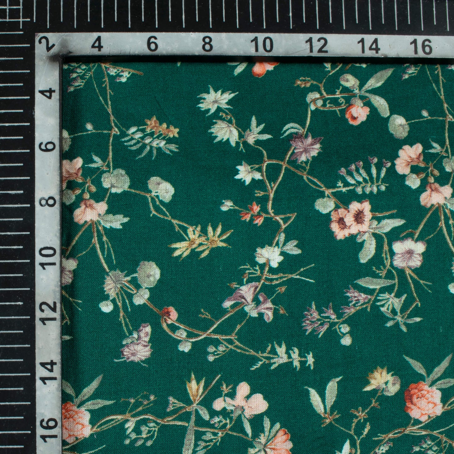 Deep Sea Green And Pink Floral Pattern Digital Print Cotton Cambric Fabric