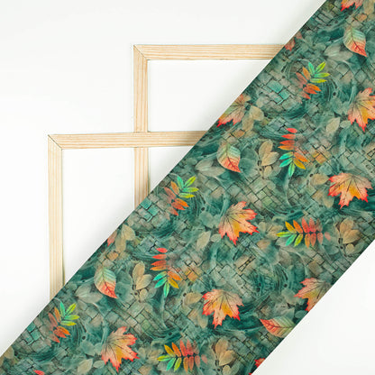 Pine Green And Pink Leaf Pattern Digital Print Viscose Gaji Silk Fabric
