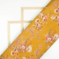 Fire Yellow And Rose Pink Floral Pattern Digital Print Viscose Gaji Silk Fabric
