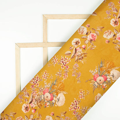 Fire Yellow And Rose Pink Floral Pattern Digital Print Viscose Gaji Silk Fabric