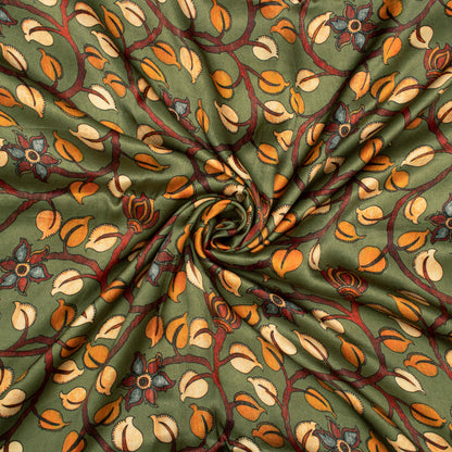 Fern Green And Orange Kalamkrii Pattern Digital Print Viscose Gaji Silk Fabric