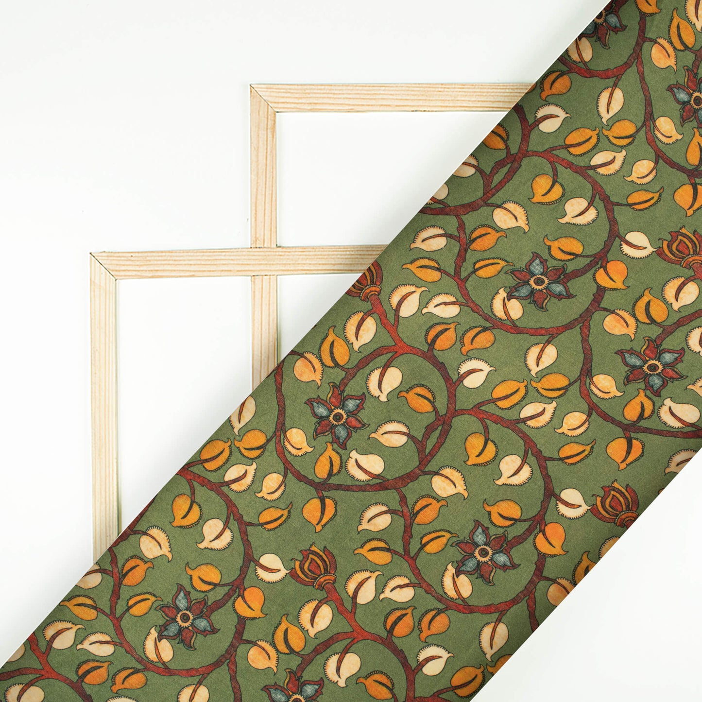 Fern Green And Orange Kalamkari Pattern Digital Print Viscose Gaji Silk Fabric