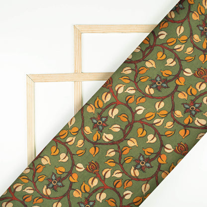 Fern Green And Orange Kalamkrii Pattern Digital Print Viscose Gaji Silk Fabric