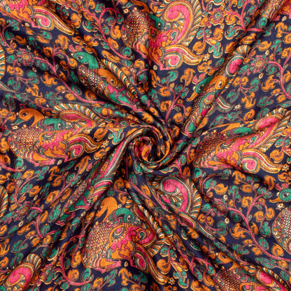 Prussian Blue And Hot Pink Kalamkrii Pattern Digital Print Viscose Gaji Silk Fabric