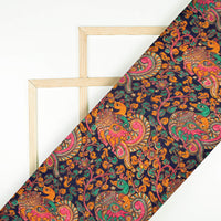 Prussian Blue And Hot Pink Kalamkrii Pattern Digital Print Viscose Gaji Silk Fabric