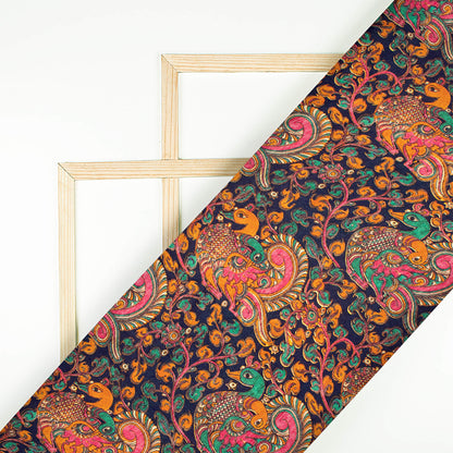 Prussian Blue And Hot Pink Kalamkrii Pattern Digital Print Viscose Gaji Silk Fabric