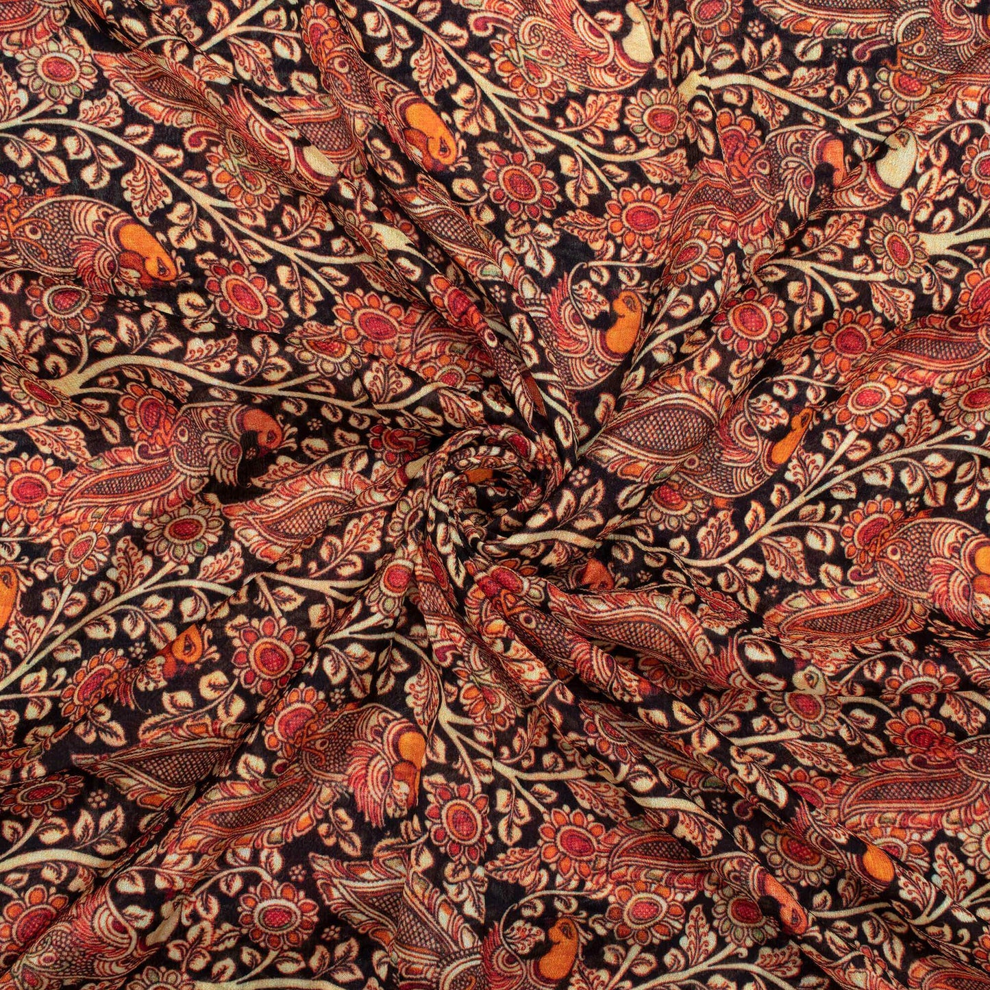 (Cut Piece 0.9 Mtr) Black And Red Kalamkari Pattern Digital Print Viscose Chinnon Chiffon Fabric