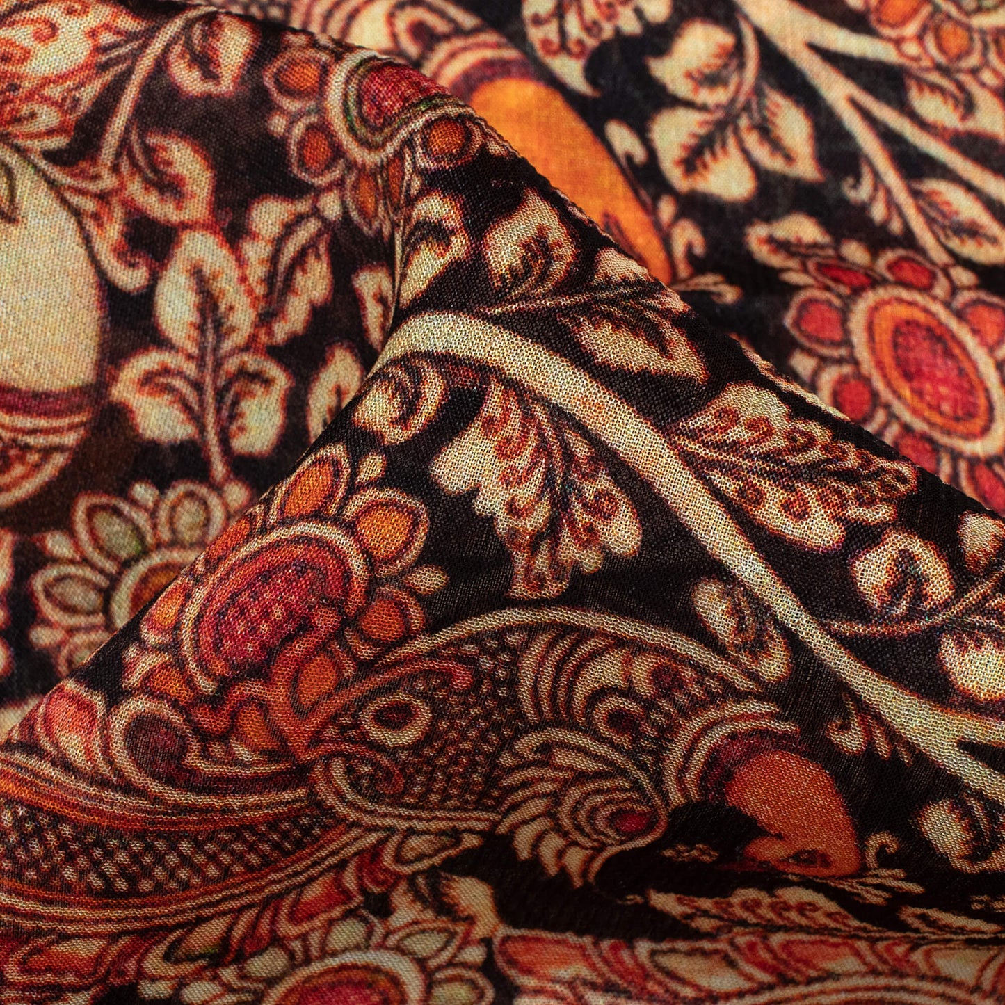Black And Red Kalamkari Pattern Digital Print Viscose Chinnon Chiffon Fabric