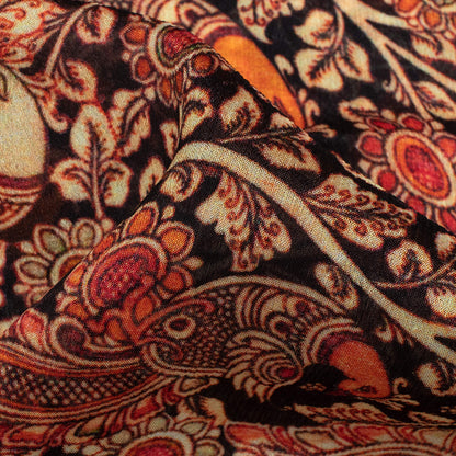 Black And Red Kalamkrii Pattern Digital Print Viscose Chinnon Chiffon Fabric